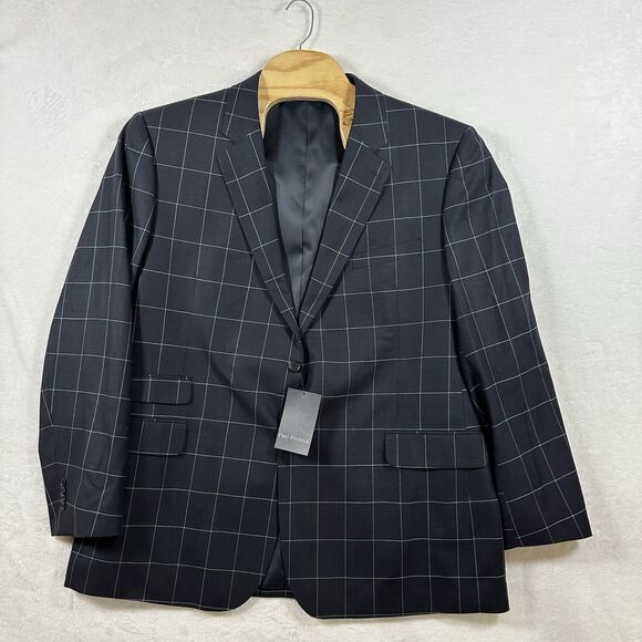 Paul Fredrick Men’s Navy Windowpane Blazer Sport Coat 50L Wool Blend NWT